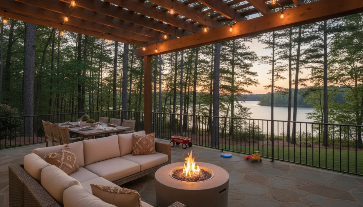 Back patio of a Lake Cyrus home overlooking trees and the lake at dusk