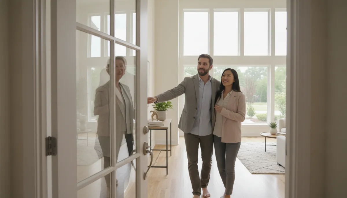 photorealistic neutral-toned professional Hoover Alabama realtor opening the front door of a bright modern staged home for a diverse couple of buyers, large windows, hardwood floors, soft natural light