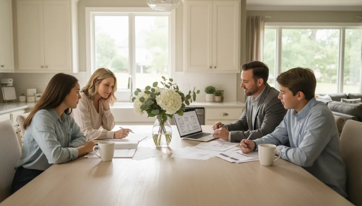 photorealistic neutral-toned Alabama family of four sitting at a bright kitchen table in a Hoover home, reviewing real estate paperwork and a laptop with their realtor, coffee mugs and fresh flowers on the table
