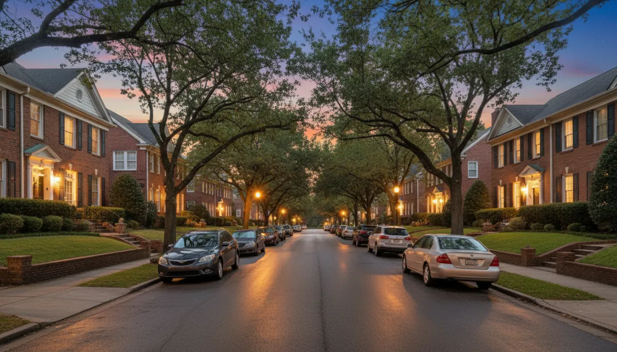 Birmingham Alabama neighborhood street at twilight with homes and sidewalks