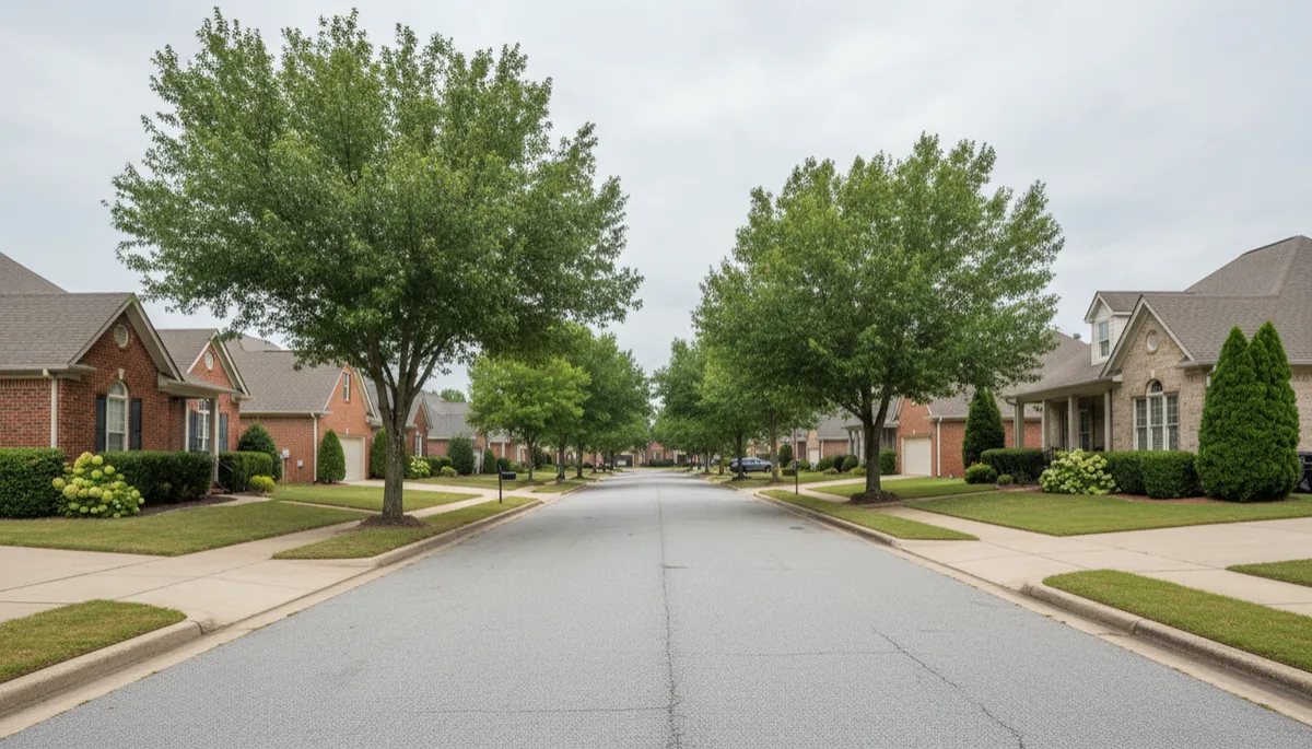 Photorealistic Hoover Alabama neighborhood street with brick homes and trees