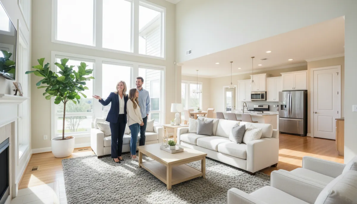 Photorealistic couple touring a Hoover Alabama home with their agent