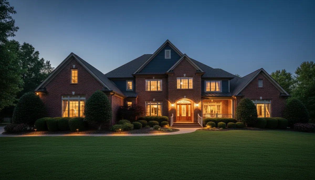 photorealistic dusk exterior of an upscale Alabama home in Hoover with brick and siding, manicured lawn, warm golden hour lighting reflecting on windows, dark navy twilight sky, subtle gold accent lighting along the walkway and porch, premium real estate photography style