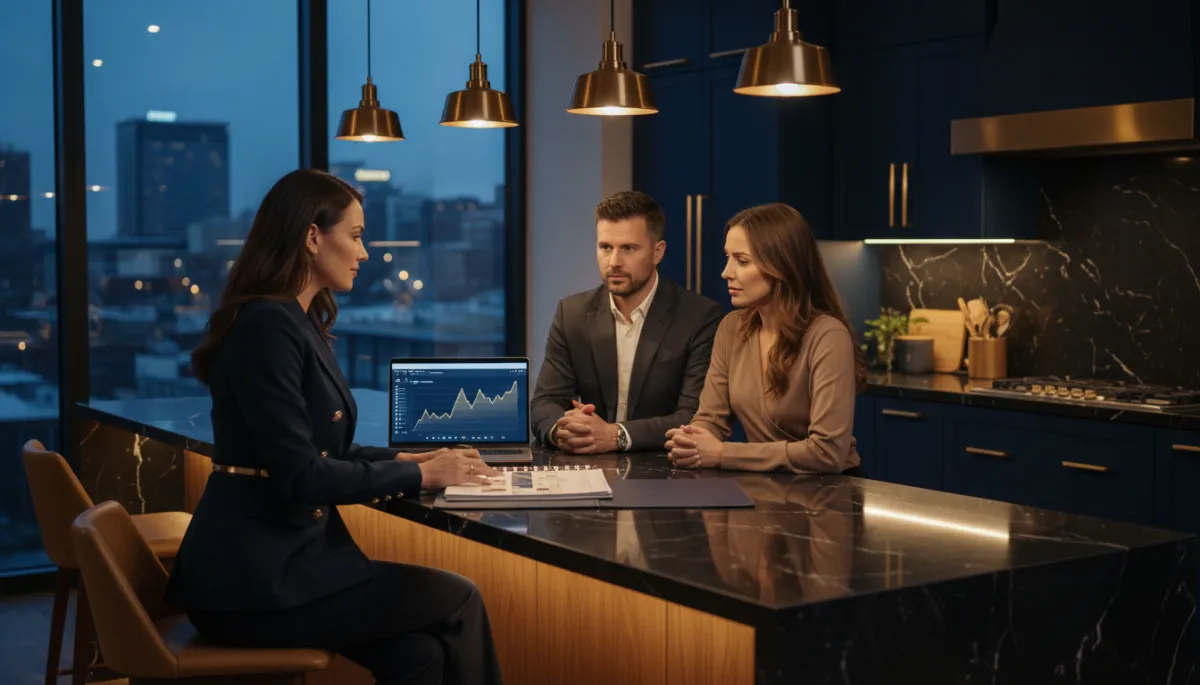photorealistic scene of a confident real estate agent in a dark navy suit with gold accents sitting at a modern kitchen island with a Birmingham AL couple, reviewing a printed market report and laptop screen, warm gold accent lighting, dark premium interior styling