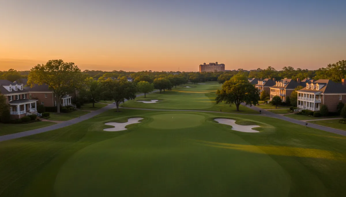 photorealistic luxury neighborhood and golf course community in Alabama at golden hour, wide view of manicured fairways, elegant brick homes with front porches, tree-lined streets, and the distant silhouette of a resort hotel, warm gold and deep green tones