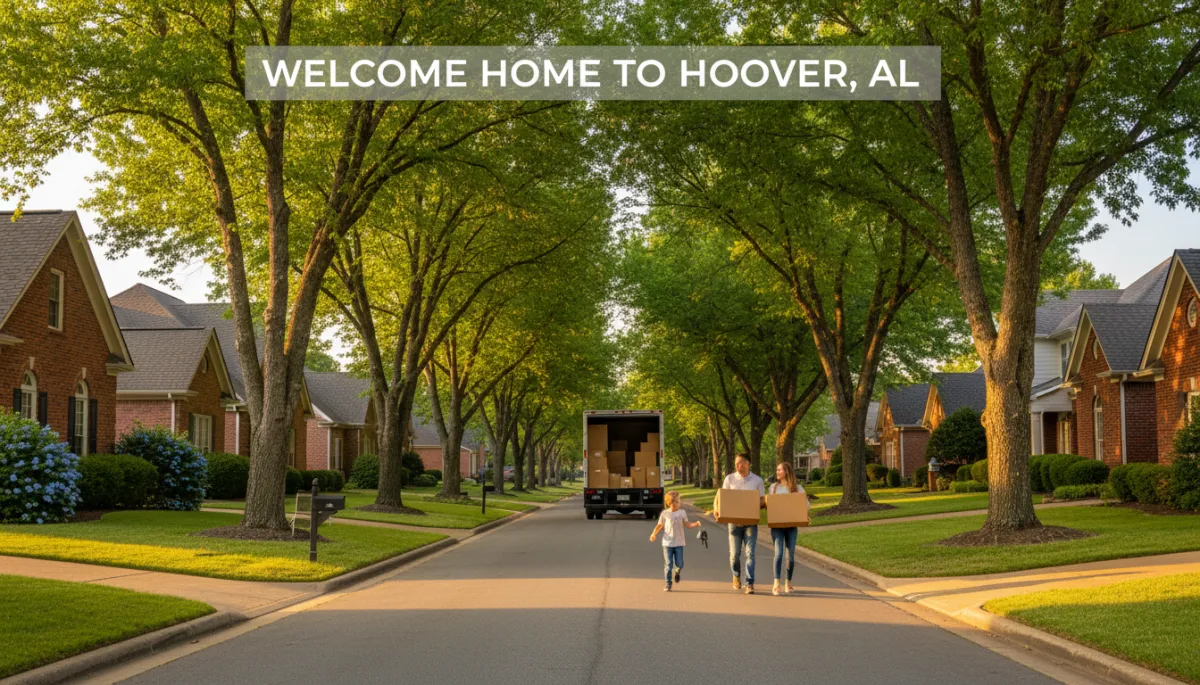 photorealistic welcoming Alabama suburban neighborhood at golden hour, tree-lined Hoover street with brick homes, family carrying moving boxes from a truck, warm gold sunlight with Alabama greens and blues in landscaping, subtle text overlay about moving to Hoover AL