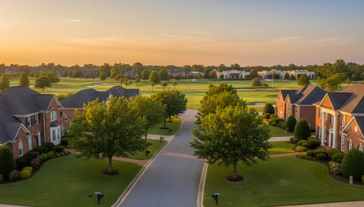 photorealistic established Alabama suburban neighborhood near shopping and golf course at golden hour, tree-lined streets, brick homes with manicured lawns, distant view of retail and golf fairways, warm gold and deep green tones
