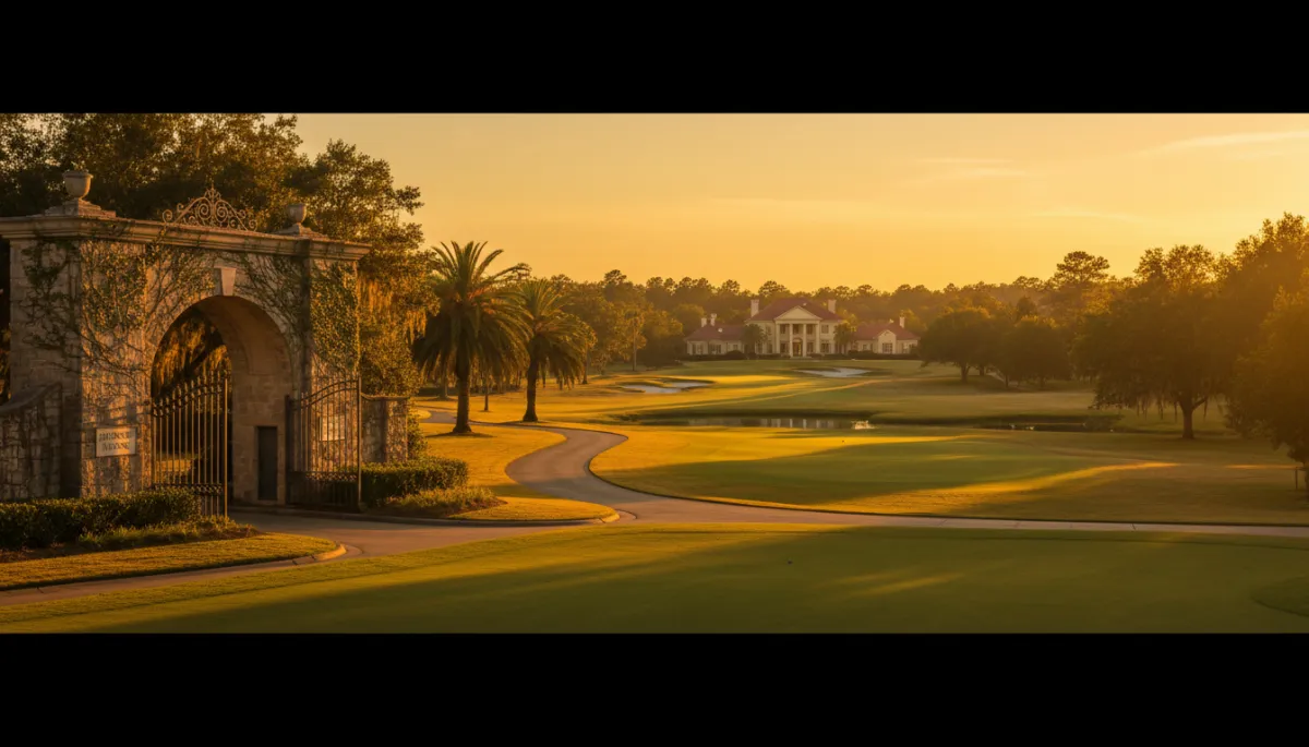 photorealistic luxury golf course community in Alabama with estate homes, championship fairways, and a gated stone entrance at sunset, rich gold light over deep forest green fairways and cream-toned club buildings