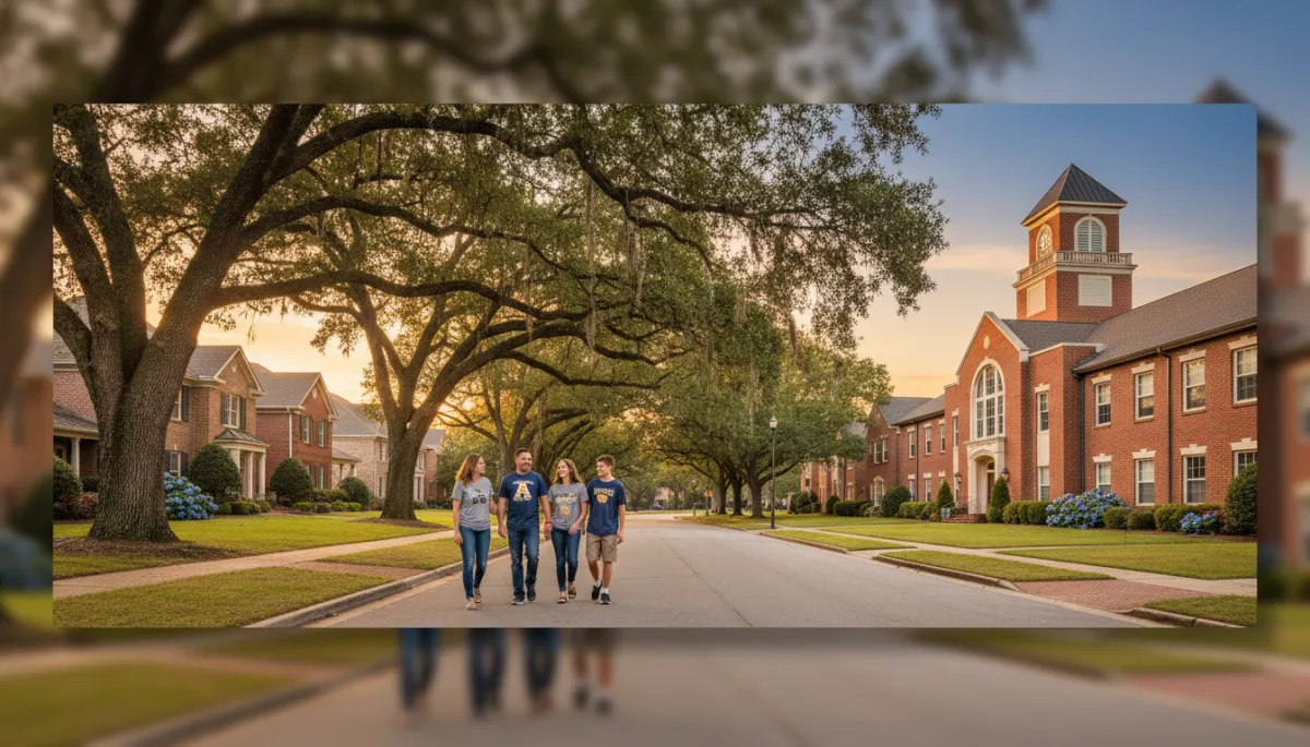 photorealistic Alabama family neighborhood with mature trees and brick homes at golden hour, parents walking with teens in school spirit shirts near a well-kept high school campus, warm gold and deep blue color accents