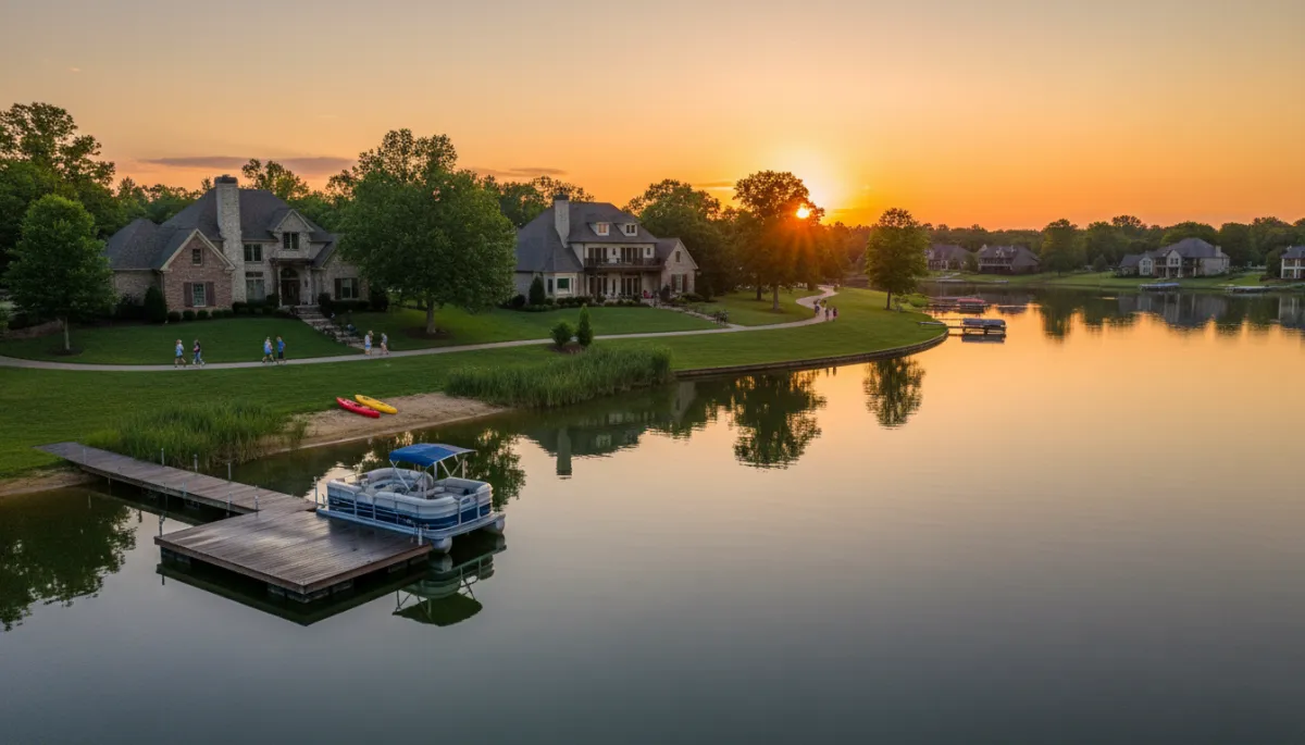 photorealistic private lake community in Alabama at golden hour, glassy lake with dock and pontoon boat, upscale brick and craftsman waterfront homes with manicured lawns, kayaks pulled up on shore, families walking along lakeside path, deep lake blues, rich greens, warm Alabama gold sunset tones