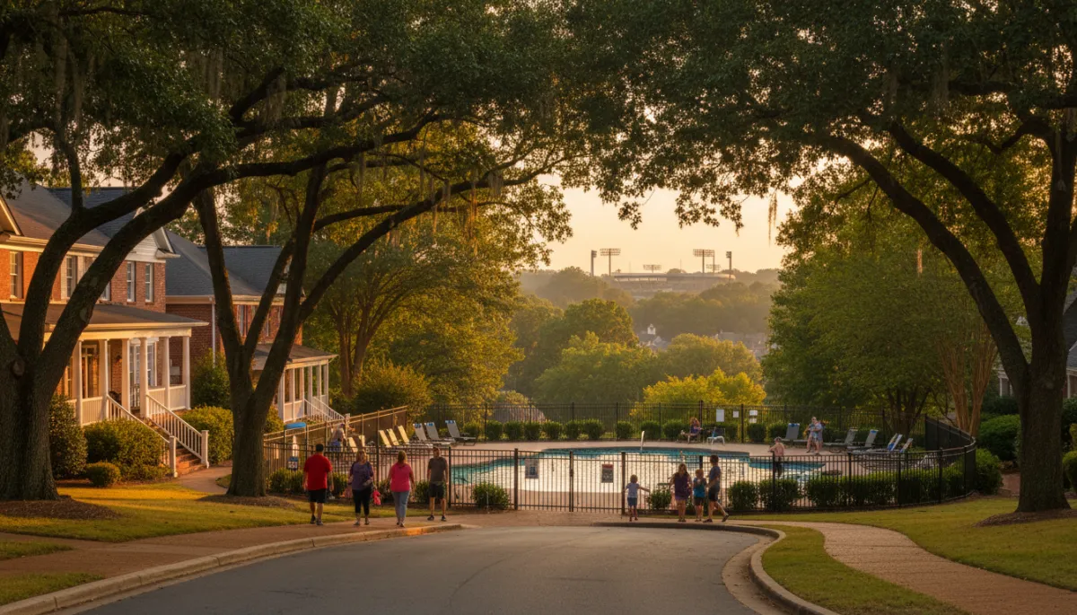 photorealistic established Alabama neighborhood with mature trees, brick homes, curved sidewalks, and families walking near a community pool at golden hour, Hoover Metropolitan baseball stadium lights softly glowing in the distance, warm gold and forest green traditional Alabama tones