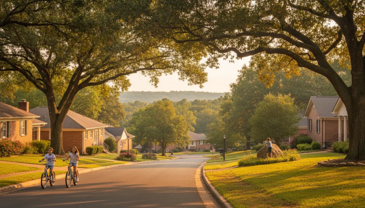 photorealistic Alabama neighborhood at golden hour with mature trees, established brick ranch and two-story homes, kids riding bikes, subtle view of distant wooded hills suggesting Moss Rock Preserve, natural greens earth tones and warm Alabama gold lighting