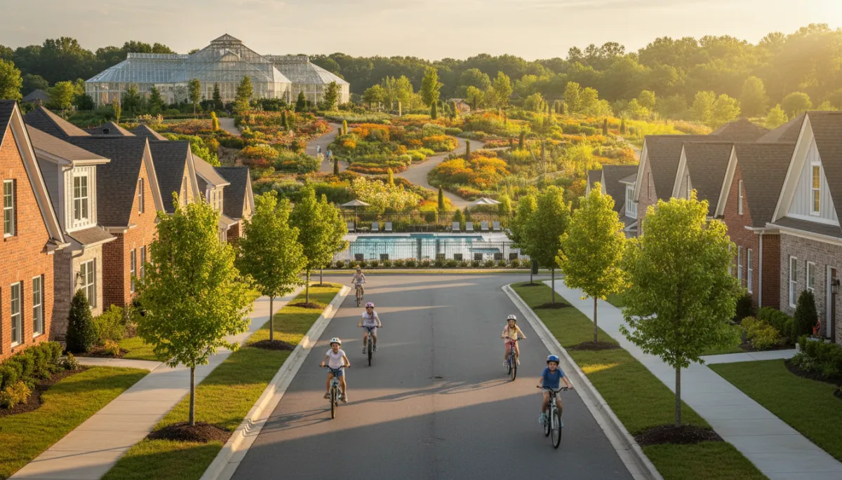 photorealistic modern Alabama family neighborhood with botanical garden backdrop, new construction brick and siding homes, tree-lined sidewalks, kids riding bikes, warm golden evening light, fresh greens and warm gold color palette