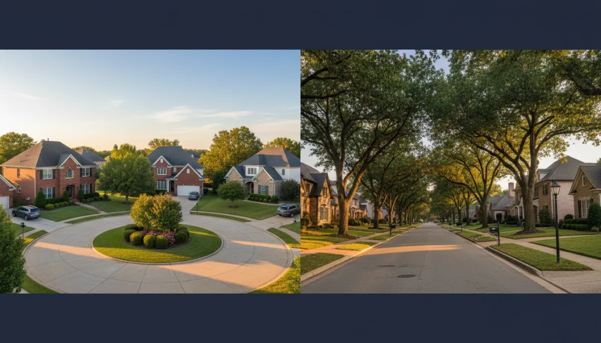 photorealistic split comparison of two beautiful Alabama suburban neighborhoods side by side at golden hour, left side showing Hoover style master-planned community with brick homes and cul-de-sac, right side showing Vestavia Hills tree-lined street with upscale homes, subtle gold and navy tones, clean sky, inviting and family-friendly