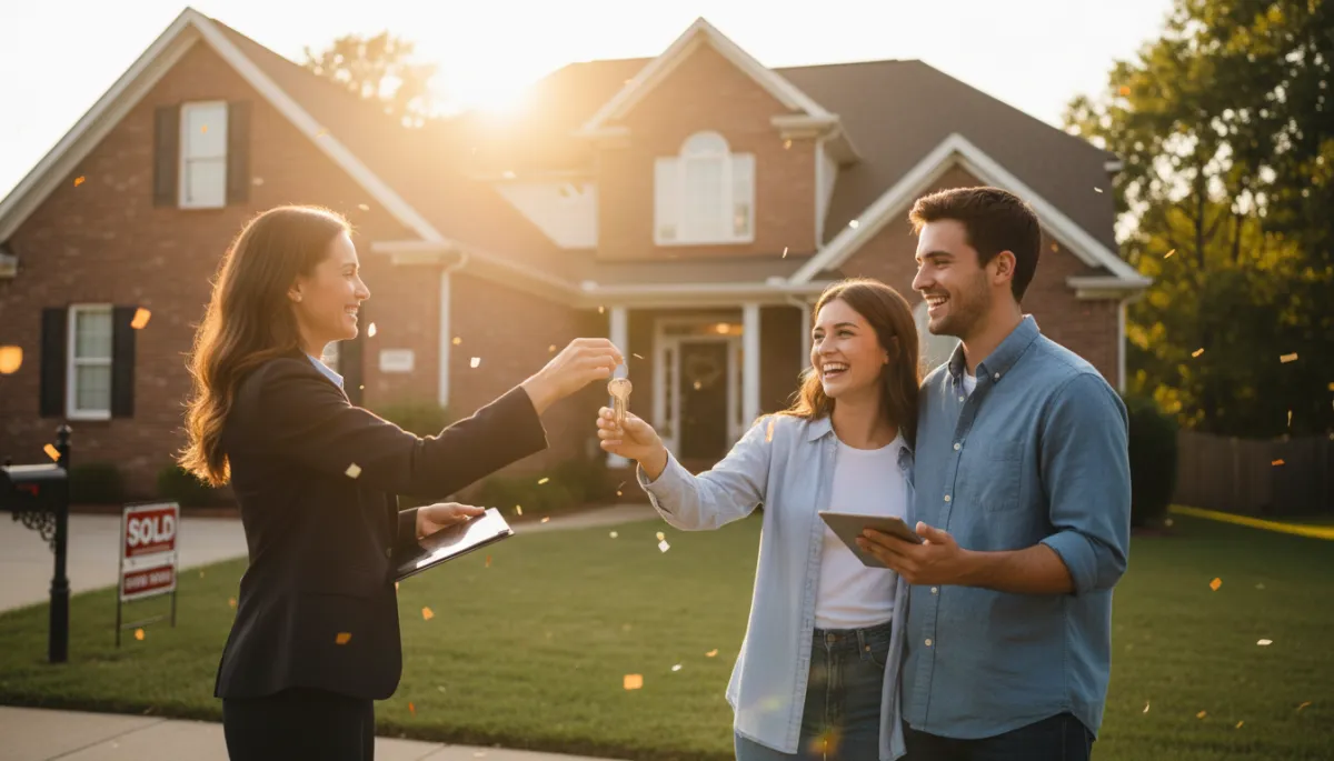 photorealistic first-time home buyers in Hoover Alabama standing in front of a brick suburban home at sunset, real estate agent handing over keys, warm gold sunlight, bright welcoming tones, celebratory mood