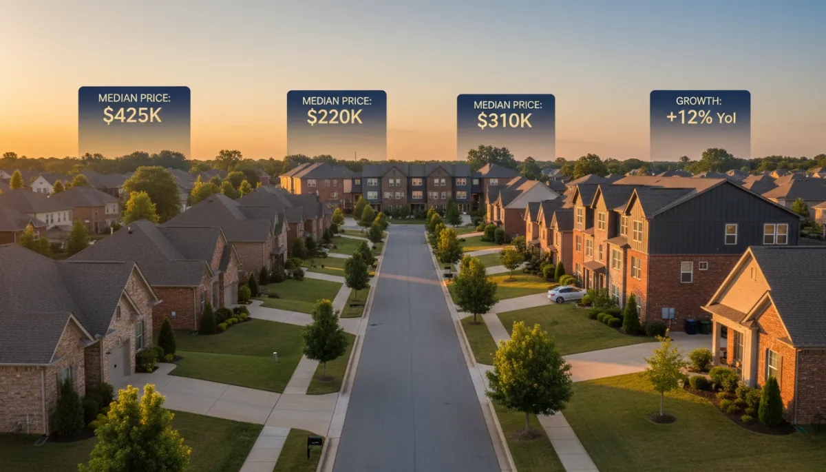 photorealistic Hoover Alabama neighborhood streetscape at sunset, mix of brick single-family homes and townhomes, subtle navy and gold data overlays showing median prices above rooftops, clean data-focused style