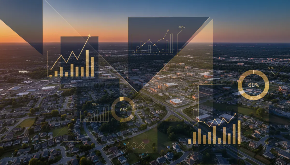 Aerial view of Hoover Alabama neighborhoods at sunset with overlaid real estate market data charts and graphs in professional dark navy and gold data accent tones, modern infographic style