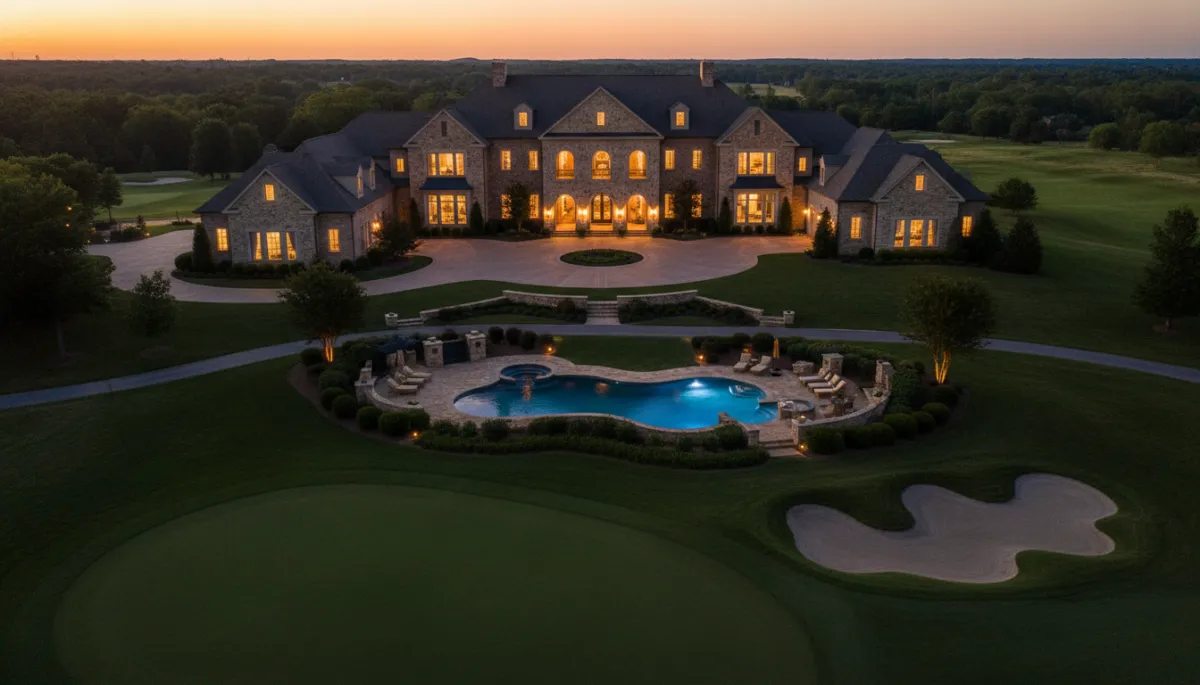 twilight aerial of a photorealistic luxury Alabama estate home overlooking a manicured golf course, private pool glowing, grand brick and stone entrance, warm interior lights, rich gold, deep charcoal and cream tones
