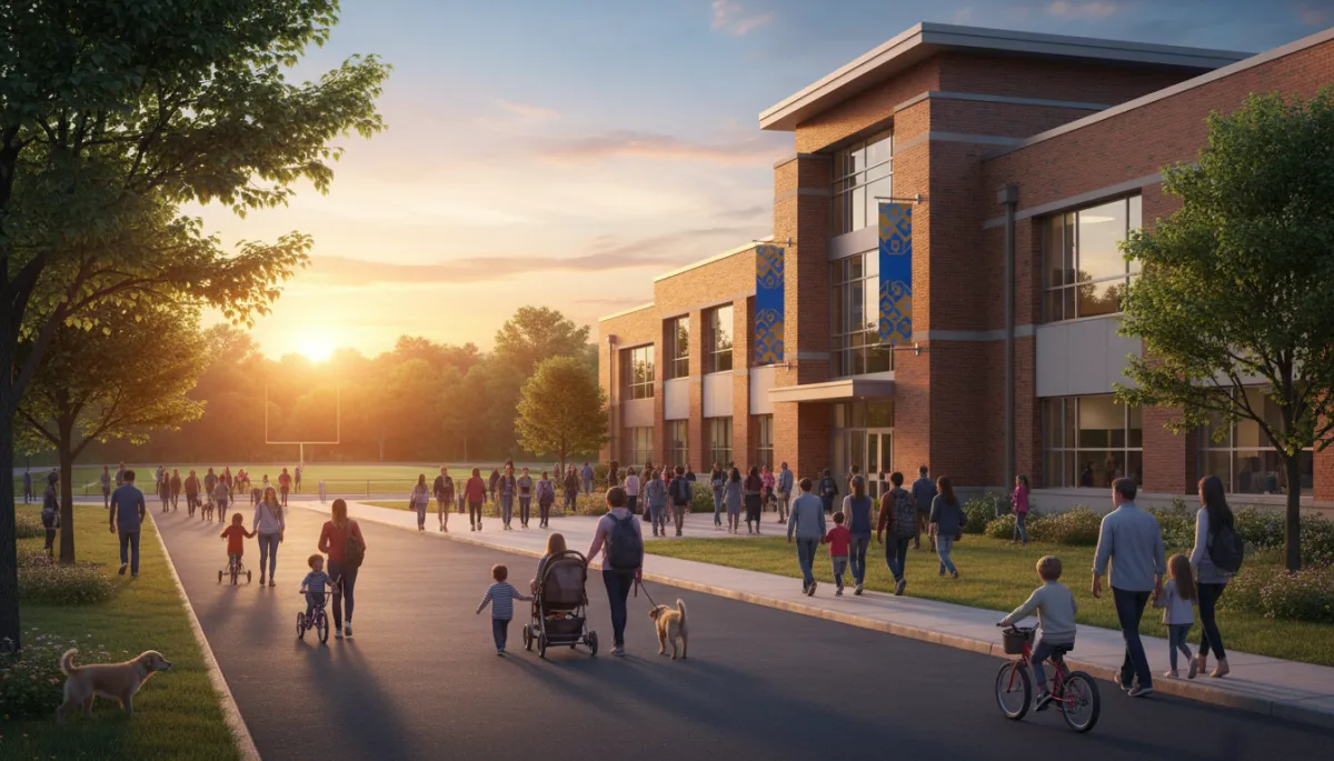 photorealistic excellent Alabama school campus at sunrise, modern brick Hoover high school building with bright academic blues and school gold banners, diverse students and parents walking toward the entrance, green football field visible in background, energetic family neighborhood street in foreground