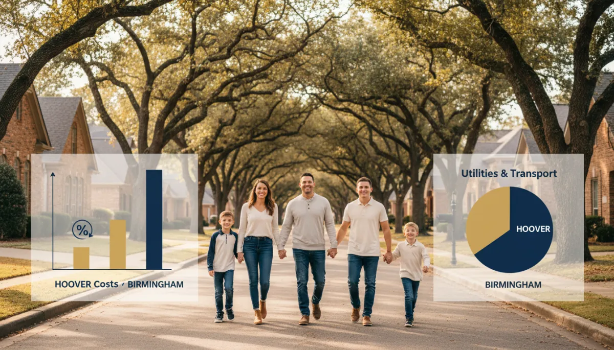 photorealistic Hoover Alabama family lifestyle, shopping, neighborhood parks, cost savings comparison infographic style, clean professional navy and gold color palette, smiling family of four walking through a Hoover subdivision with brick homes and mature trees, subtle overlay charts comparing Hoover vs Birmingham costs