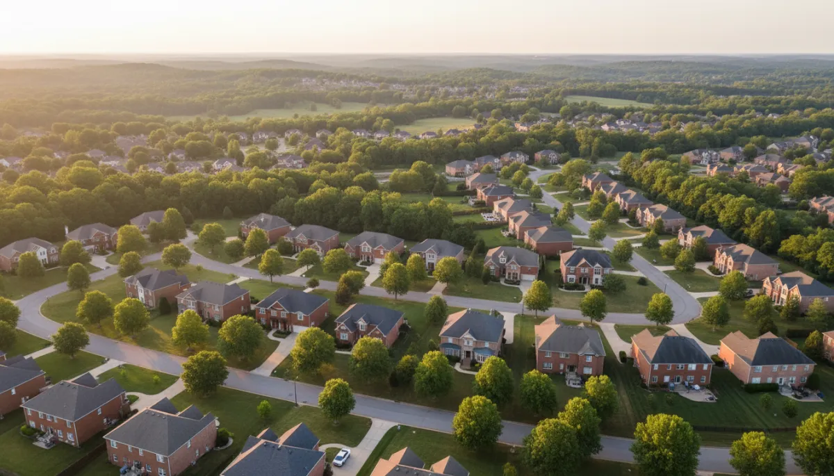 photorealistic aerial view of a quiet Hoover AL subdivision at golden hour, tree-lined streets, brick single-family homes with well-kept lawns, neutral color palette, soft sunlight over rolling hills