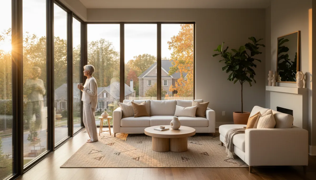 photorealistic neutral-toned living room in a Hoover AL home at sunset, mature woman in her early 60s standing by a large window looking out over a tree-lined neighborhood, soft warm light, calm and reflective mood