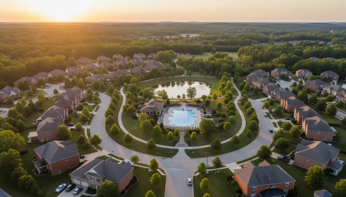 photorealistic aerial view of a beautiful Hoover AL master-planned neighborhood at golden hour, tree-lined streets, brick homes with manicured lawns, community pool and walking trails visible, neutral color palette
