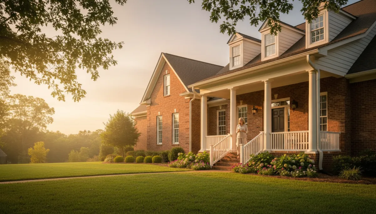 photorealistic warm-toned late-afternoon scene of a beautiful brick home in Hoover Alabama with manicured lawn, soft golden sunlight, and a relaxed empty nester woman standing on the front porch looking peaceful and hopeful
