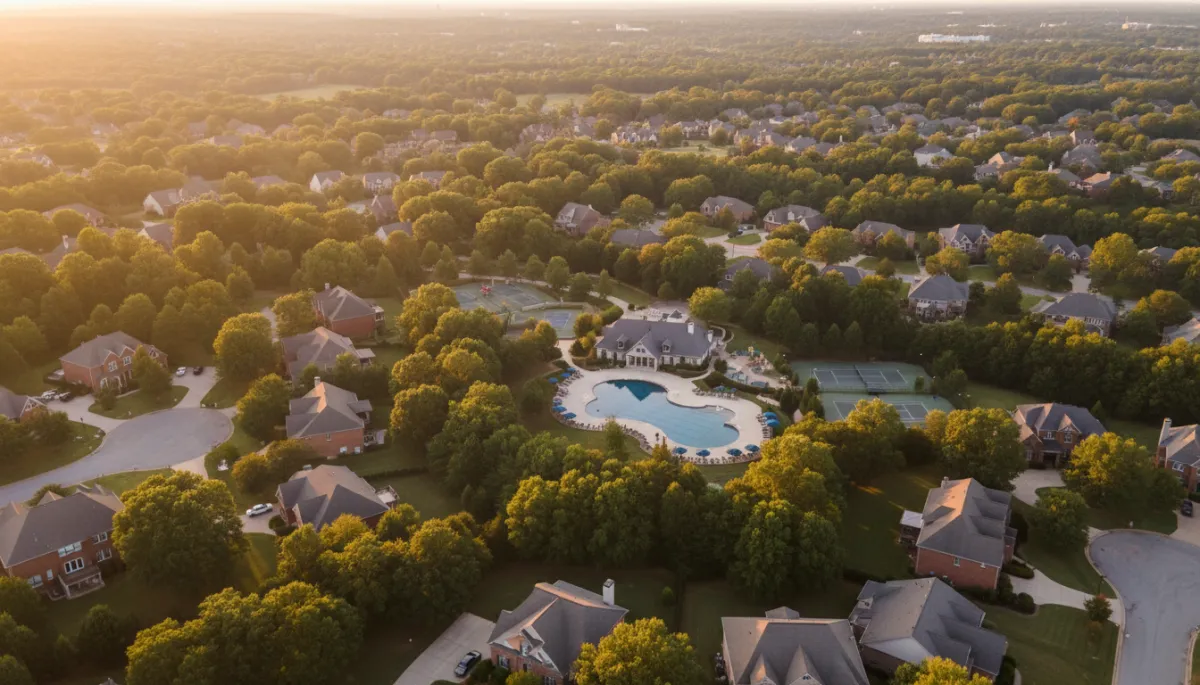 photorealistic aerial view of a leafy Hoover AL neighborhood at golden hour, mix of brick homes, cul-de-sacs, community pool and clubhouse, soft neutral color palette