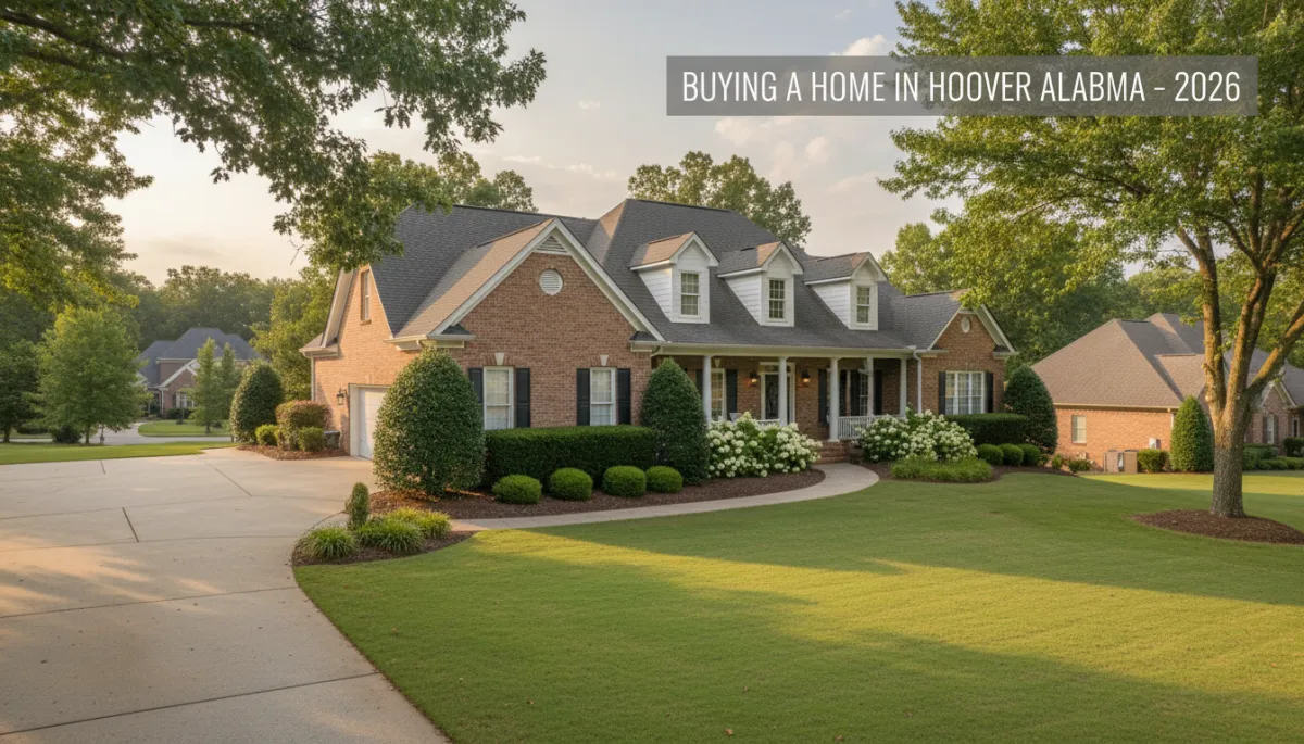 photorealistic neutral-toned late-afternoon scene of a beautiful brick Hoover Alabama suburban home with tidy landscaping, wide driveway, and soft sunlight, subtle text overlay about buying a home in Hoover in 2026