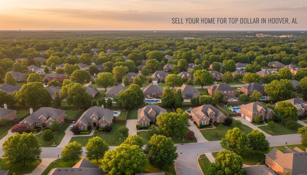 photorealistic neutral-tone aerial view of a Hoover Alabama suburban neighborhood at sunset, tree-lined streets, brick homes with well-kept yards, faint text overlay about selling a home for top dollar
