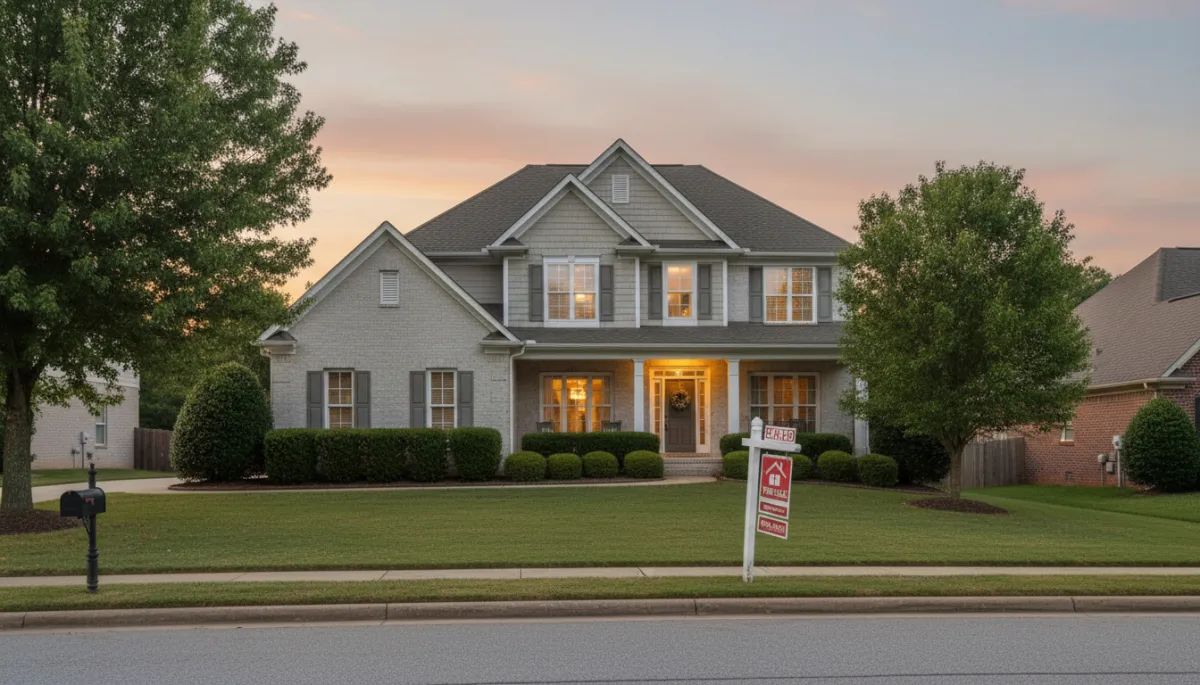 photorealistic neutral-toned Hoover Alabama suburban home at dusk with an 'Expired' real estate sign in the front yard, quiet street, soft natural lighting