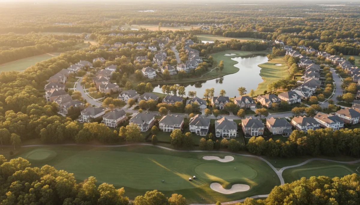 photorealistic aerial view of Hoover Alabama focusing on the Ross Bridge neighborhood, tree-lined streets, golf course, and master-planned homes at golden hour, neutral color palette
