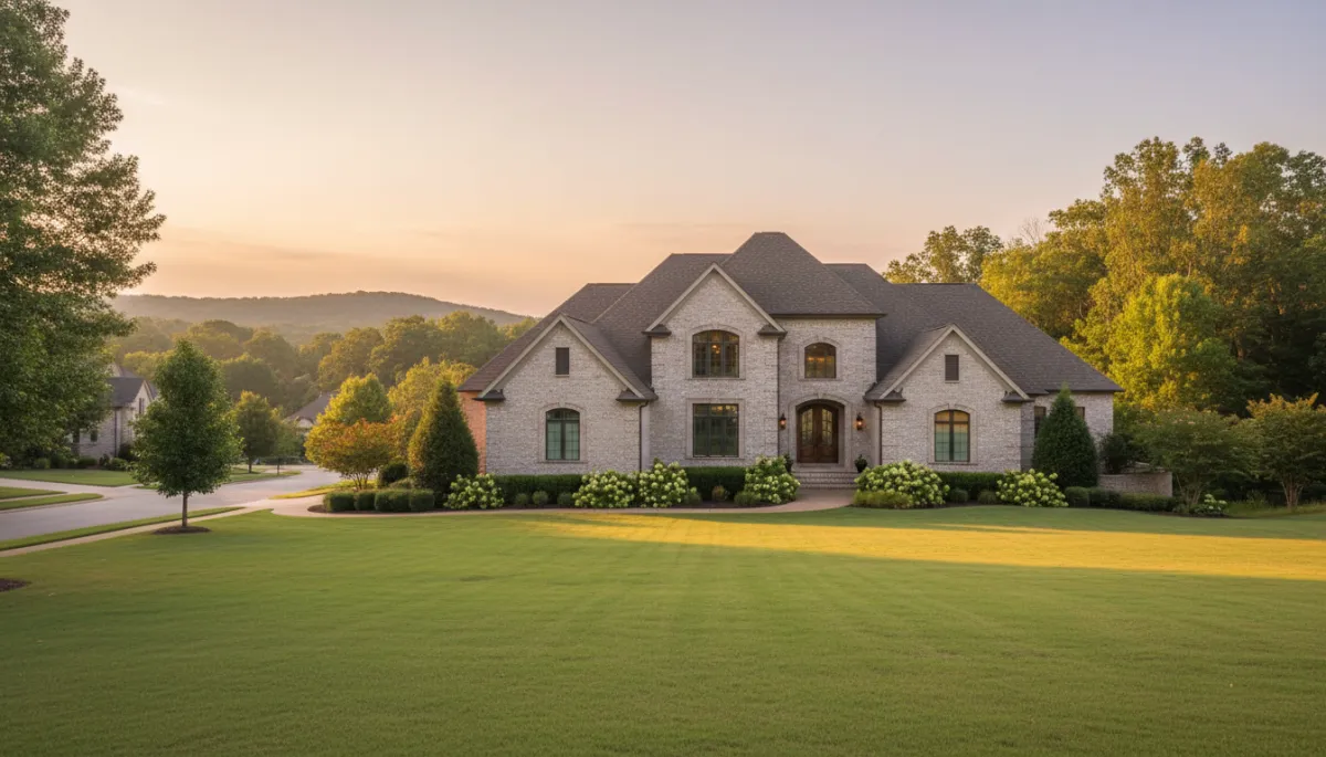 photorealistic neutral-toned luxury brick home in Hoover Alabama at golden hour, manicured lawn, soft warm sunlight, subtle hills and trees in background, quiet upscale suburban street