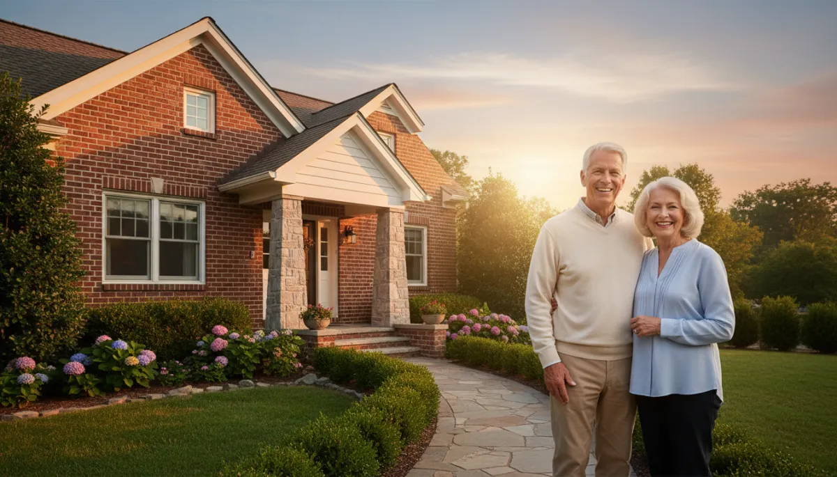 photorealistic neutral-toned scene of a smiling older couple standing in front of a charming smaller brick Hoover-style home with tidy landscaping and evening golden light, subtle text overlay area in sky