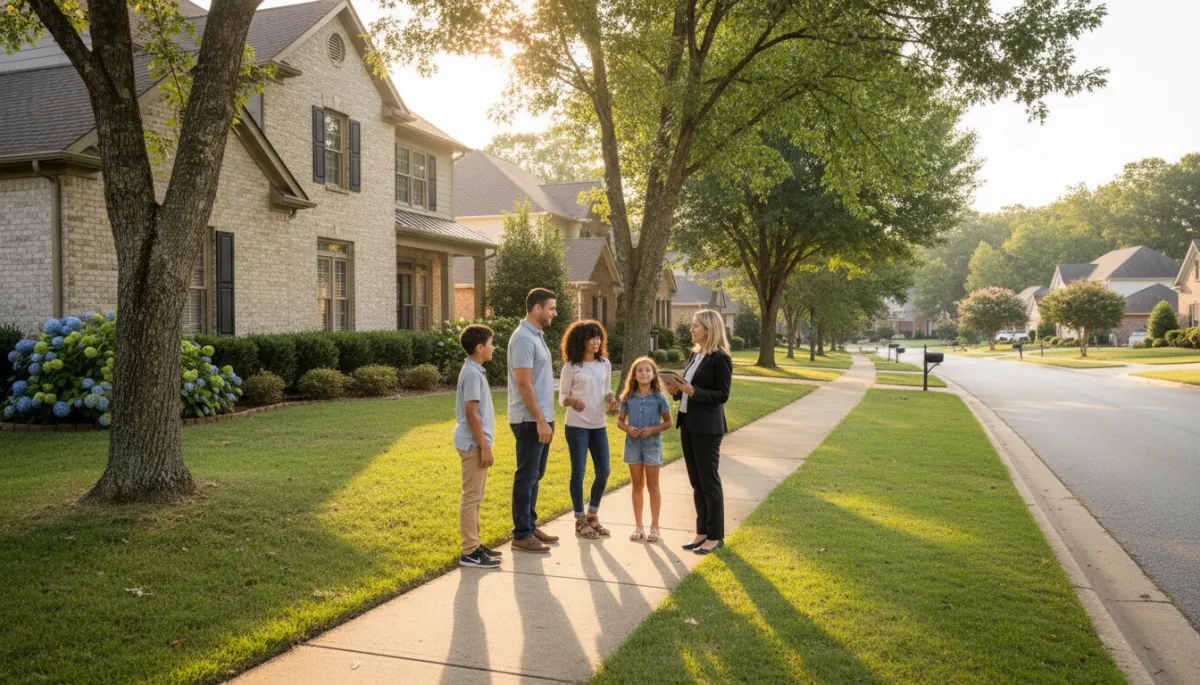 photorealistic neutral-toned suburban Birmingham Alabama home at golden hour, diverse family standing in front sidewalk talking with real estate agent, soft natural light, warm inviting neighborhood street