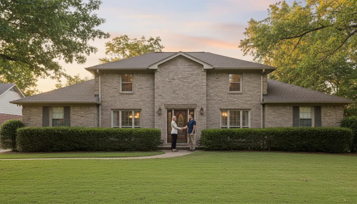 photorealistic wide shot of a well-kept suburban home in Birmingham Alabama at golden hour, neutral color palette, tidy lawn, brick exterior, real estate agent greeting a couple at the front door