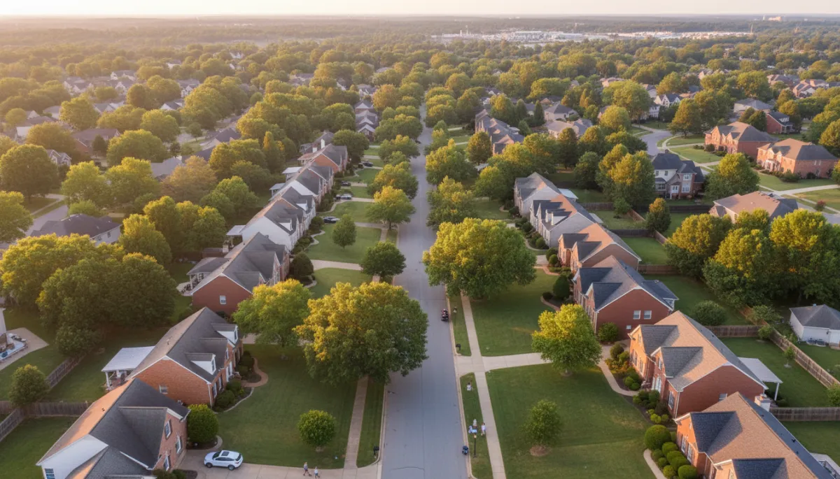 photorealistic aerial view of a quiet suburban neighborhood in Birmingham Alabama at golden hour, tree-lined streets, brick homes with front yards, parents walking with children and strollers on sidewalks, soft neutral color palette
