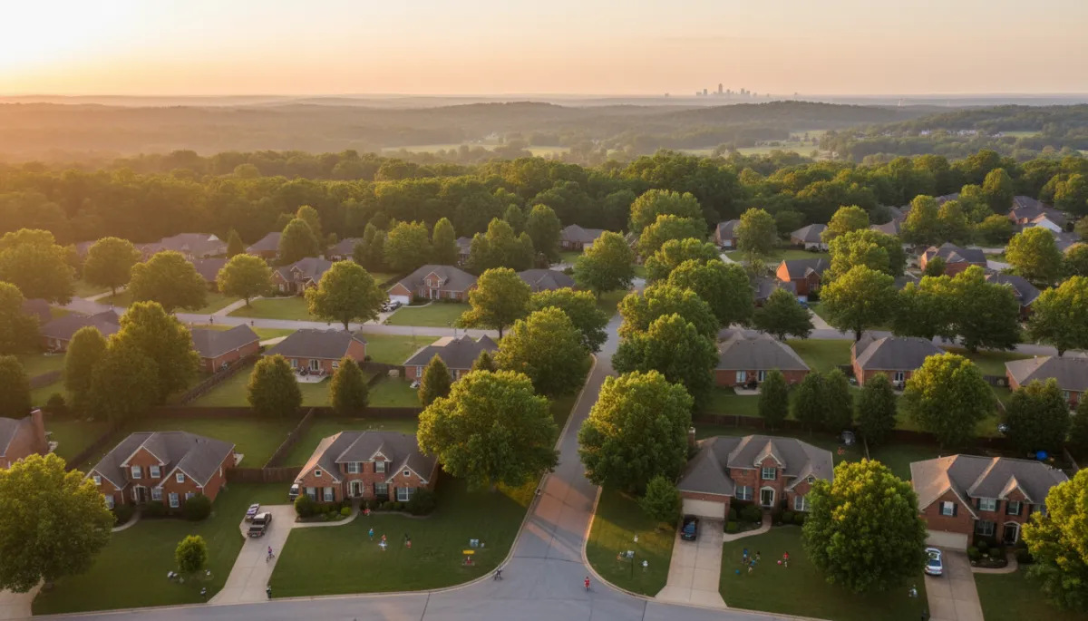 photorealistic aerial view of a quiet Hoover Alabama subdivision at golden hour, tree-lined streets, brick single-family homes with yards, children playing outside, distant view of rolling hills and Birmingham skyline haze