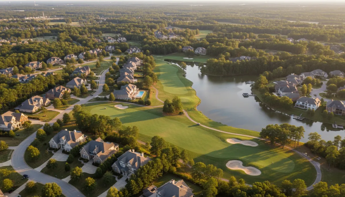 photorealistic aerial view at golden hour of two upscale Hoover Alabama master-planned neighborhoods with tree-lined streets, golf course and lake, neutral color palette, soft natural light
