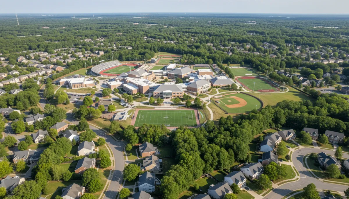 photorealistic aerial view of a modern Hoover Alabama high school campus surrounded by tree-lined suburban neighborhoods on a clear day, neutral color palette