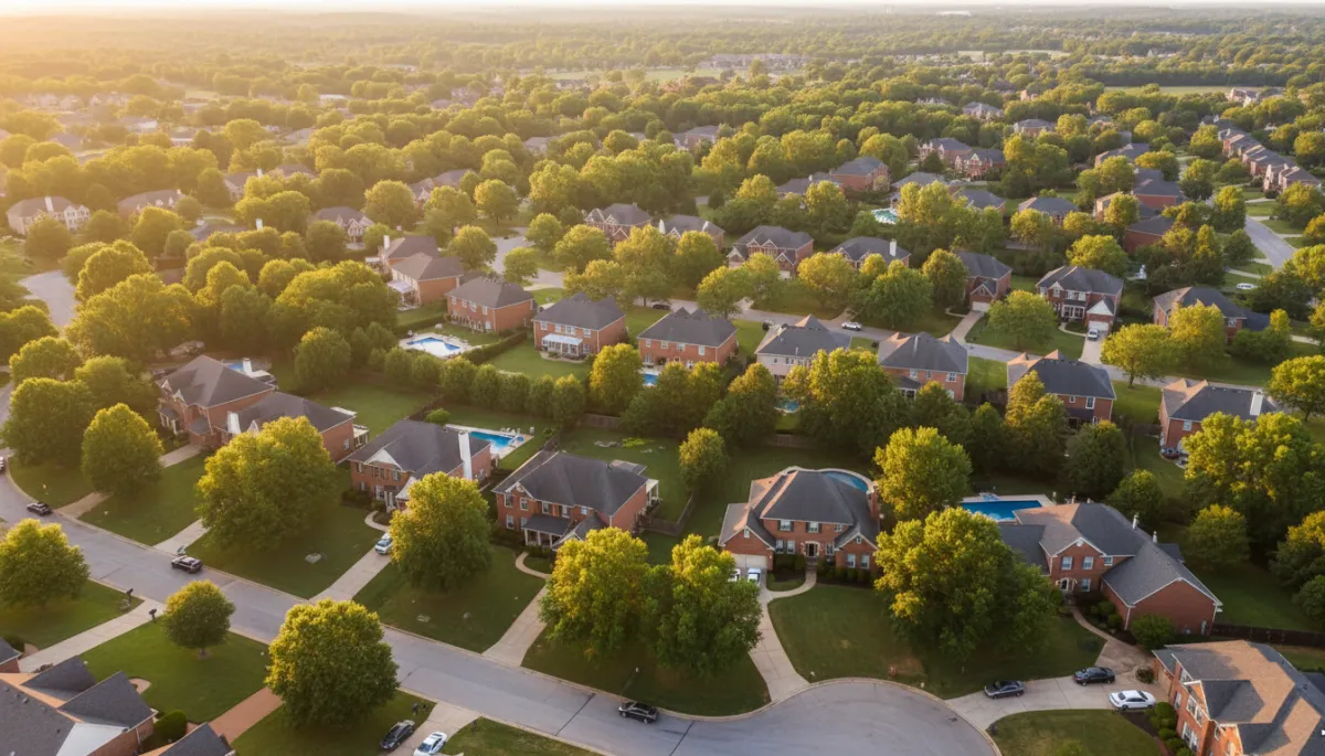 photorealistic aerial view of a Hoover Alabama suburban neighborhood at golden hour, tree-lined streets, brick homes with manicured lawns, neutral color palette, soft natural light