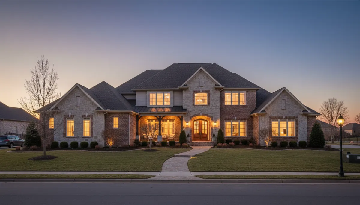 photorealistic twilight view of a newly built brick and stone single-family home in Hoover Alabama, warm interior lights glowing, tidy landscaping, neutral color palette, quiet suburban street