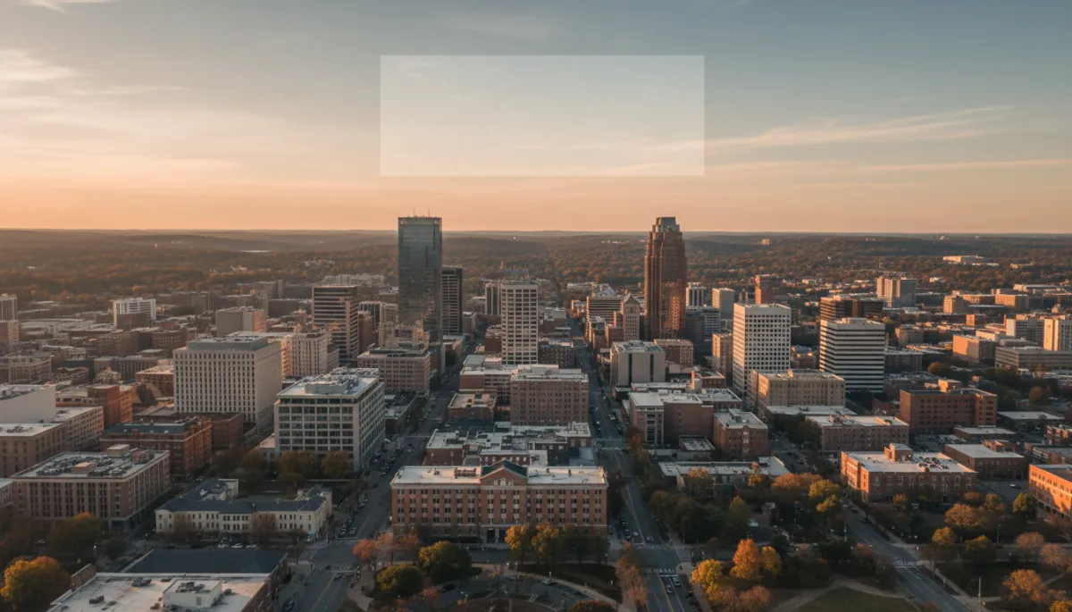 photorealistic aerial view of downtown Birmingham Alabama at golden hour, modern skyline, tree-lined streets, neutral color palette, subtle text overlay area in sky