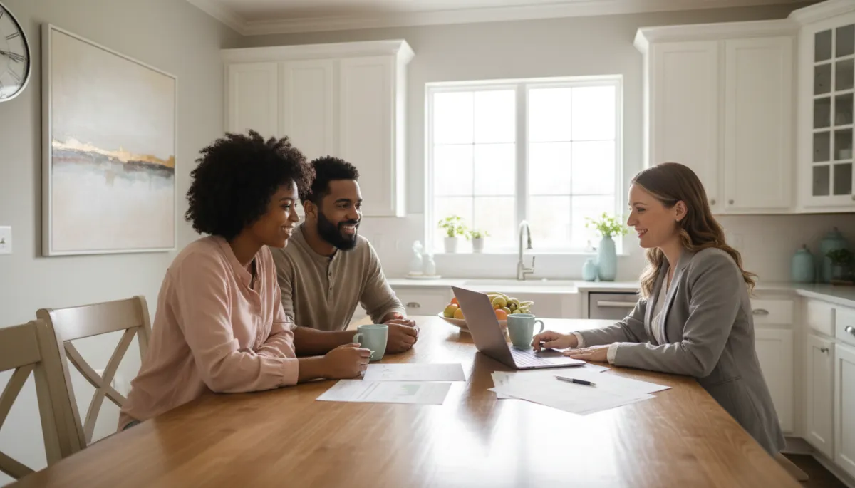 photorealistic wide shot of a young diverse couple sitting at a kitchen table with a friendly real estate professional in a neutral-toned Alabama suburban home, paperwork and laptop open, soft natural light, calm and optimistic mood