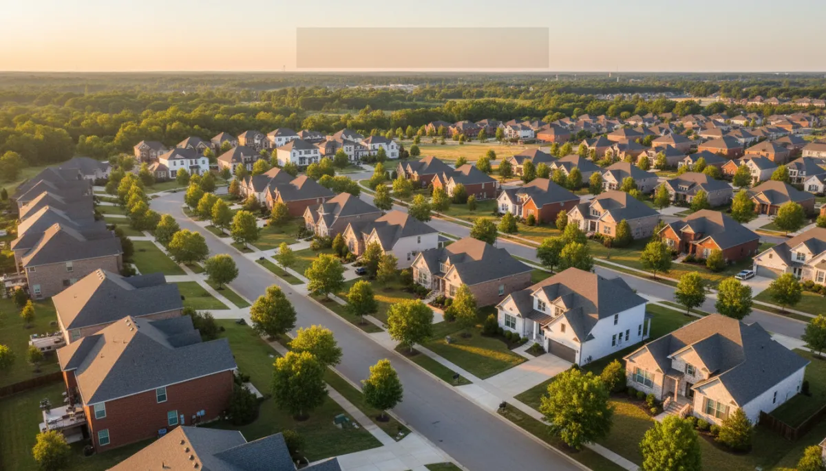 photorealistic aerial view of a modern new construction neighborhood in Hoover Alabama at golden hour, mix of brick and painted brick homes, tree-lined streets, neutral color palette, soft warm lighting, subtle text overlay space in sky area