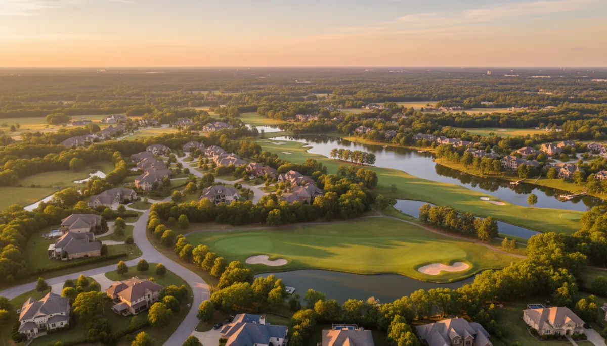 photorealistic aerial sunset view of three upscale Hoover Alabama neighborhoods with tree-lined streets, golf course, and lakes, warm neutral color palette, soft golden light