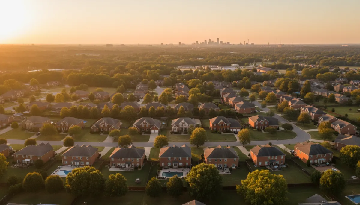 photorealistic aerial view of Hoover Alabama suburban neighborhood at golden hour, neutral color palette, tree-lined streets, brick homes with manicured lawns, faint Birmingham skyline in distance