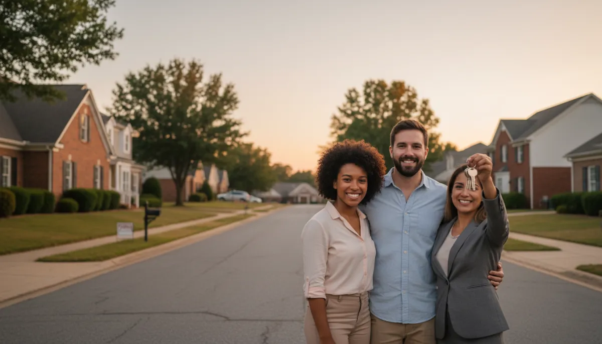 photorealistic neutral-toned suburban Hoover Alabama street at sunset, diverse young couple with real estate agent holding keys in front of brick home, soft natural light and warm neutral colors