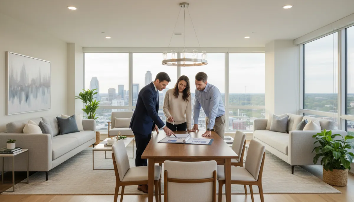 photorealistic wide shot of a well-lit Hoover Alabama living room staged for sale, neutral colors, professional real estate agent and homeowners reviewing a marketing plan at a sleek dining table, subtle view of Birmingham skyline through windows